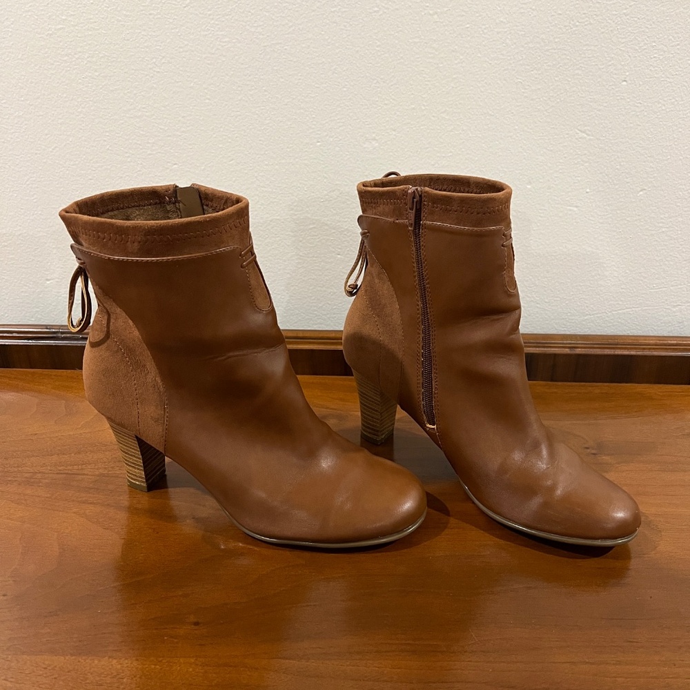 A2 by Aerosoles Women's Size 10M Cognac Faux Leather, Suede Heeled Ankle Boots